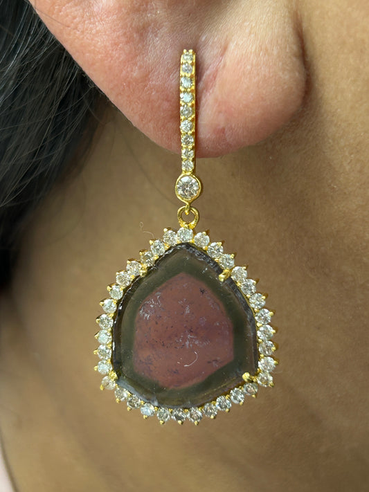 Pink Tourmaline 14k Solid Gold Diamond Earring. Genuine handmade pave diamond Earring. 14k Solid Gold Diamond Earring..