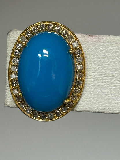 Turquoise Oval 14k Solid Gold Diamond Stud Earring. Genuine handmade pave diamond Earring. 14k Solid Gold Diamond Earring..