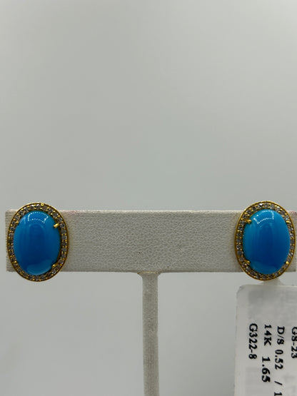 Turquoise Oval 14k Solid Gold Diamond Stud Earring. Genuine handmade pave diamond Earring. 14k Solid Gold Diamond Earring..