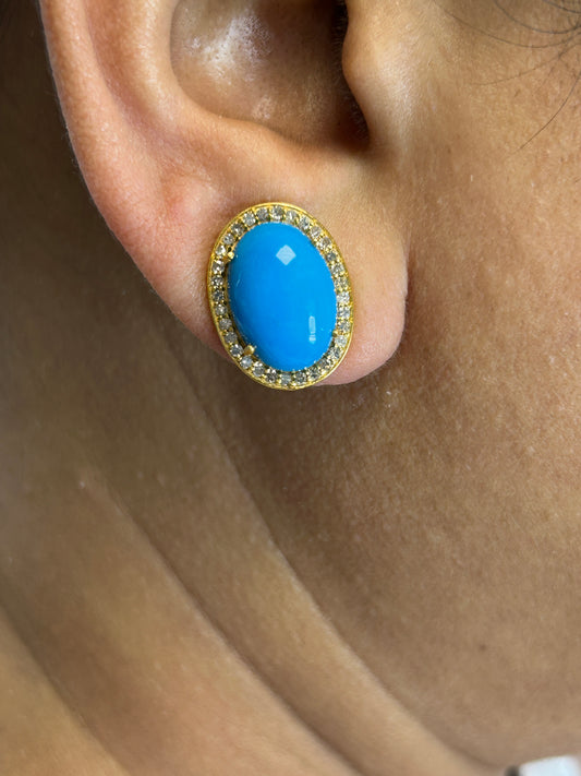 Turquoise Oval 14k Solid Gold Diamond Stud Earring. Genuine handmade pave diamond Earring. 14k Solid Gold Diamond Earring..