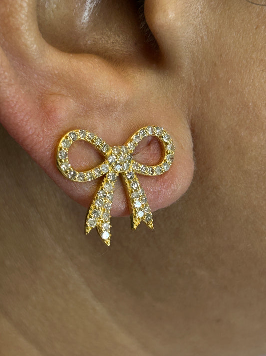 Ribbon 14k Solid Gold Diamond Stud Earring. Genuine handmade pave diamond Earring. 14k Solid Gold Diamond Earring..