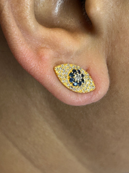 Evil Eye 14k Solid Gold Diamond Stud Earring. Genuine handmade pave diamond Earring. 14k Solid Gold Diamond Earring..