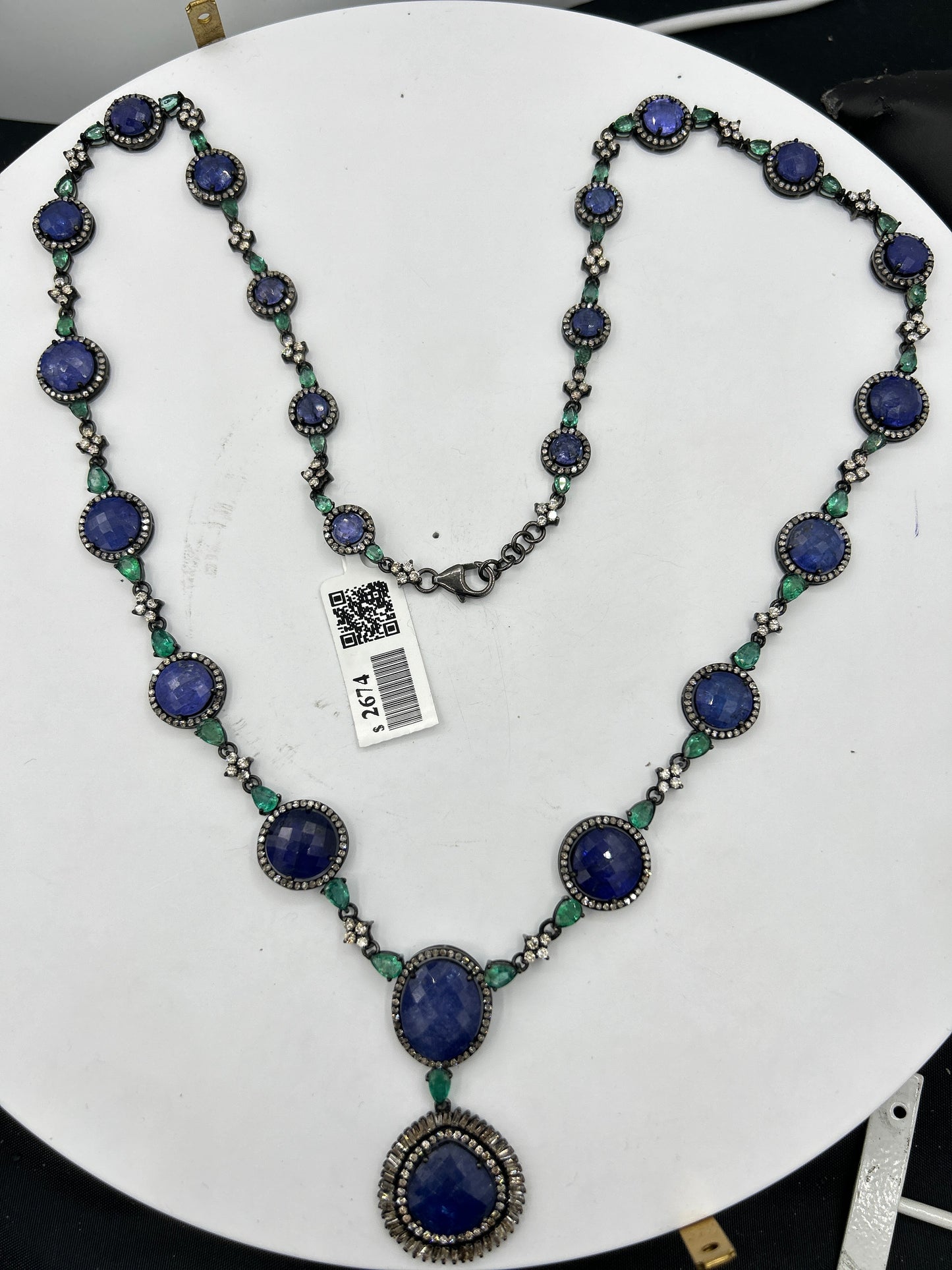 Tanzanite and Emerald Long Necklace with Diamonds