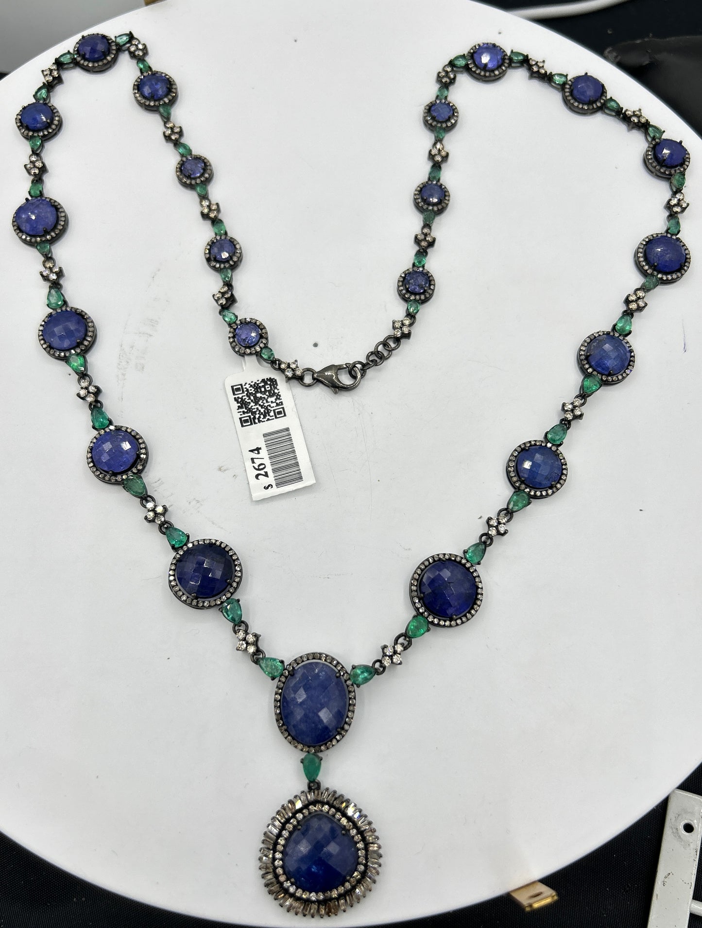 Tanzanite and Emerald Long Necklace with Diamonds