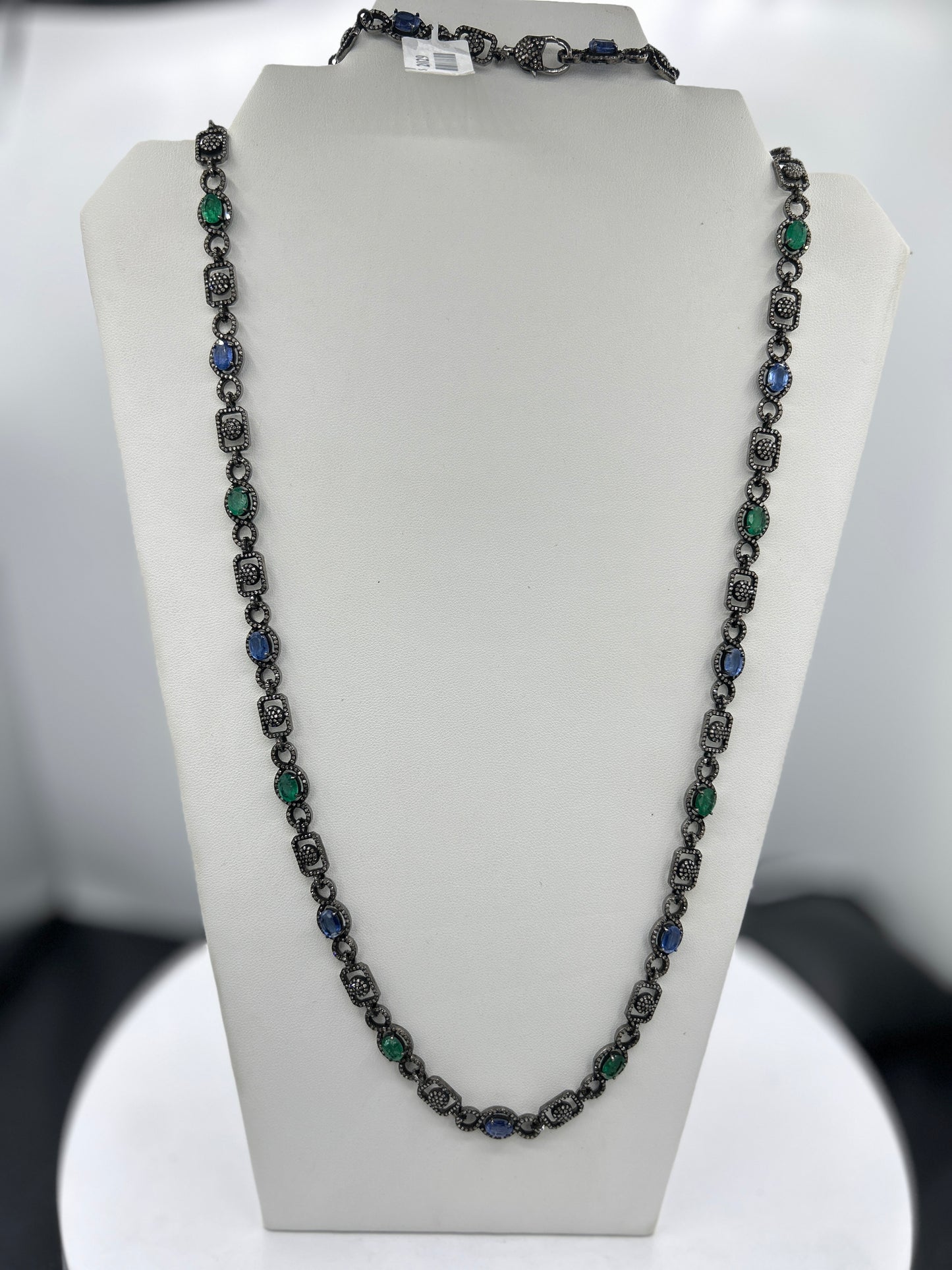 Kynite and Emerald Long Necklace with Diamonds