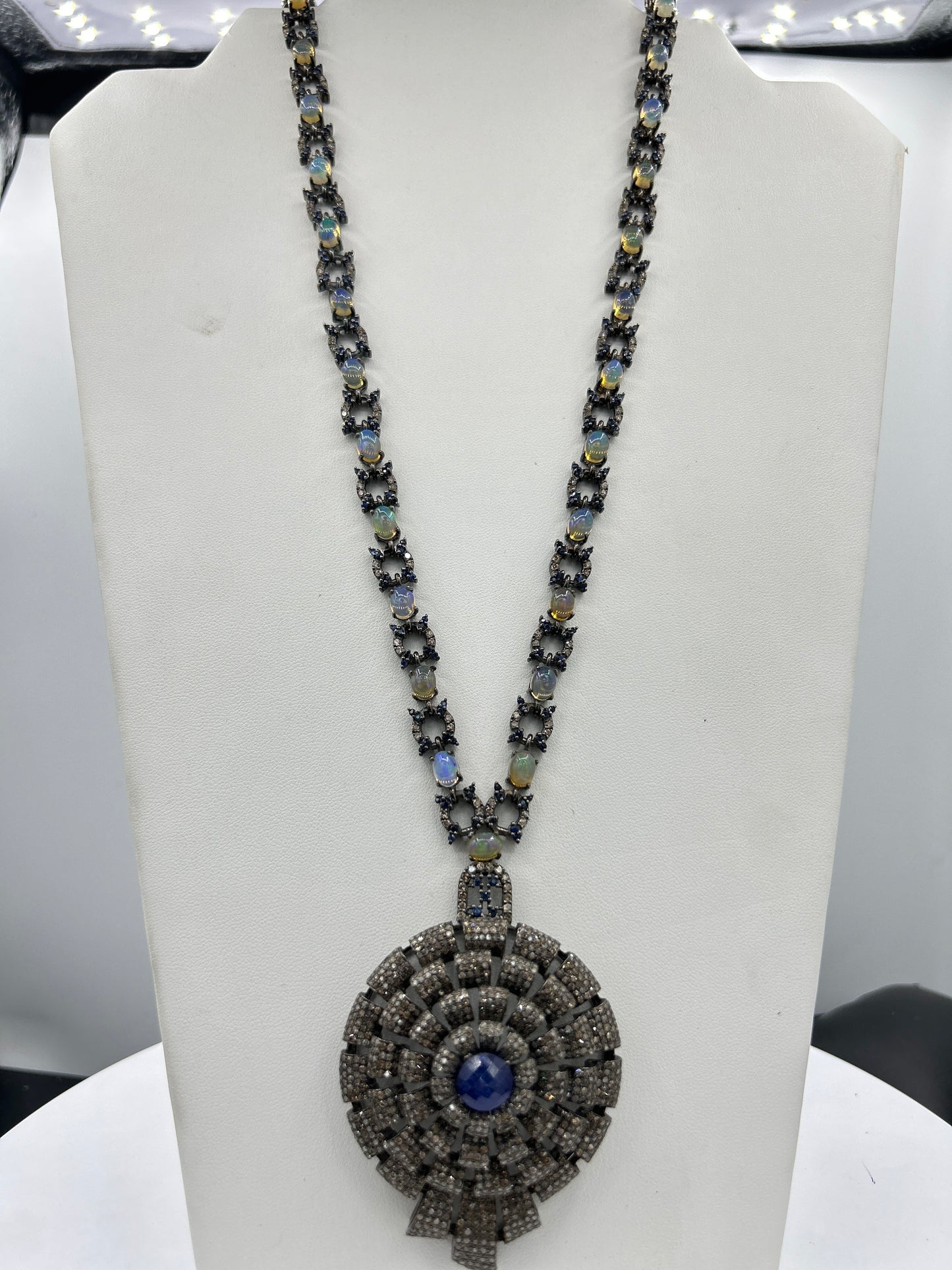 Tanzanite Sapphire and Opal Long Necklace with Diamonds