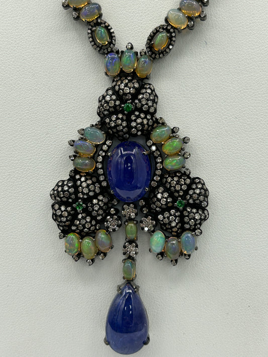 Tanzanite and Opal Long Necklace with Diamonds