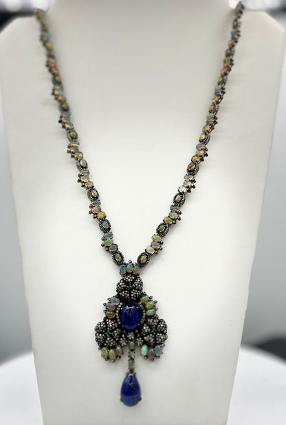 Tanzanite and Opal Long Necklace with Diamonds