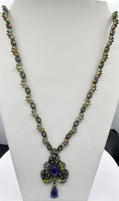 Tanzanite and Opal Long Necklace with Diamonds
