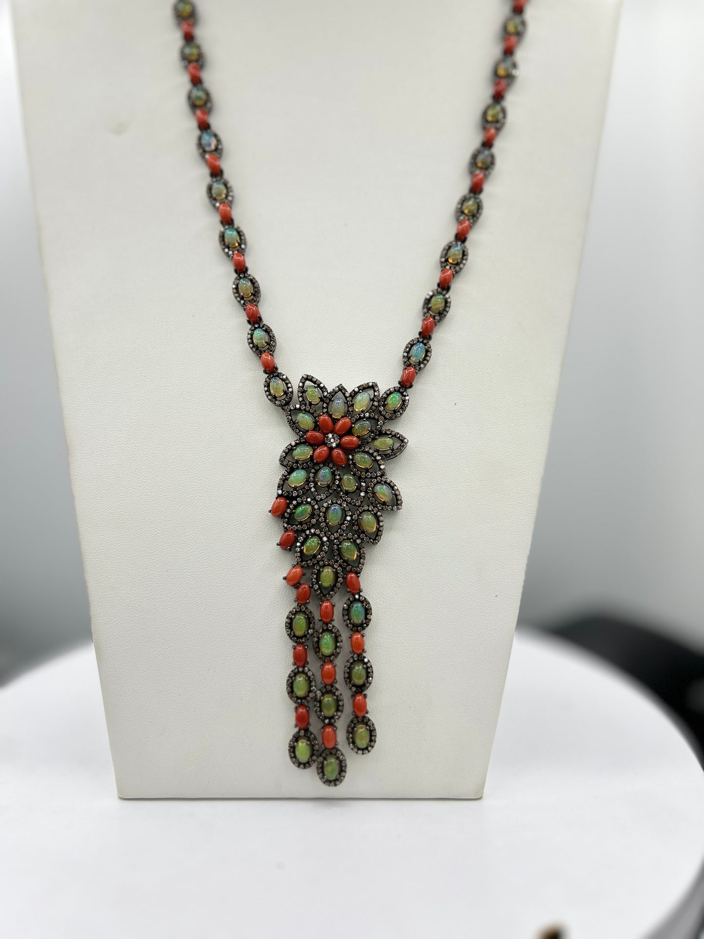 Natural Coral and Opal Long Necklace with Diamonds