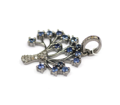 Green Tsavorite Blue Sapphire Tree Diamond Pendant