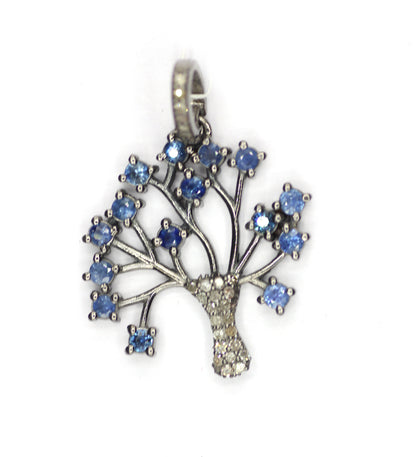 Green Tsavorite Blue Sapphire Tree Diamond Pendant