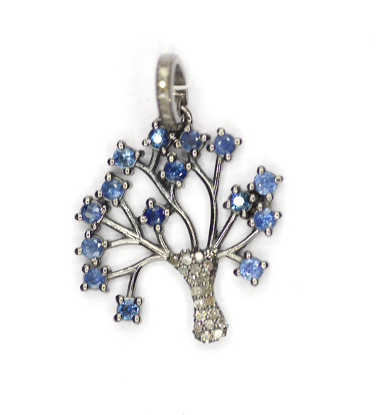 Green Tsavorite Blue Sapphire Tree Diamond Pendant