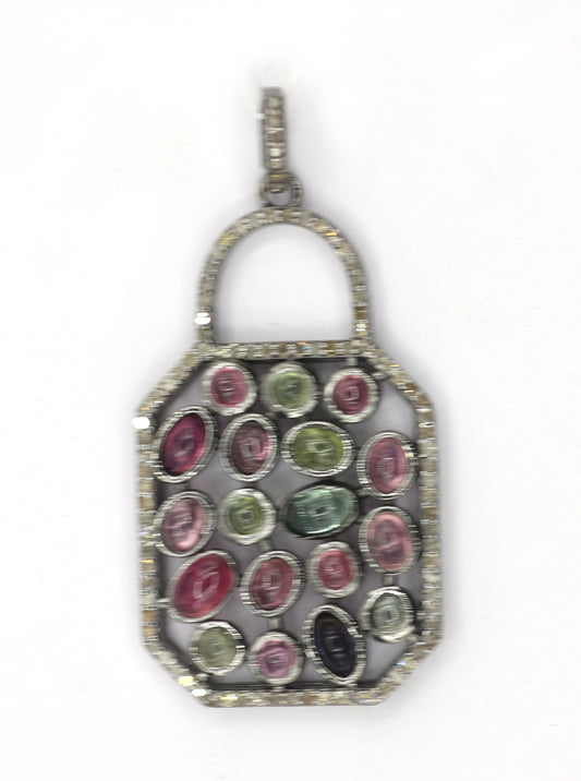 Lock Silver Pave Diamond Pendant With Tourmaline Stone
