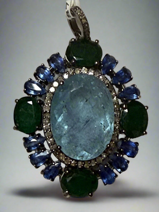 Aqua Emerald Kynite Diamond Pendant