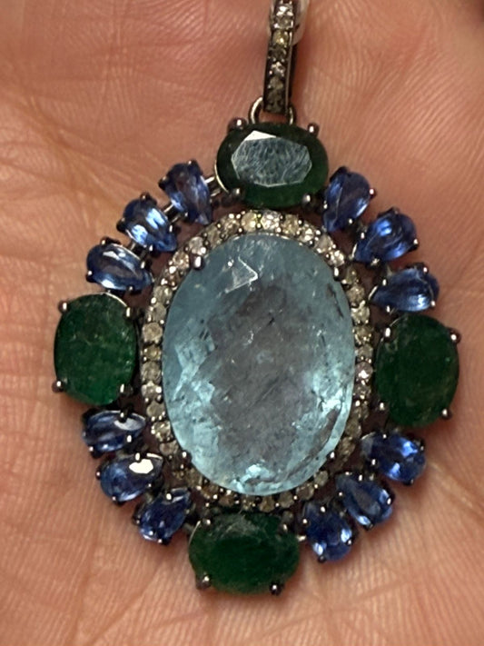 Aqua Emerald Kynite Diamond Pendant