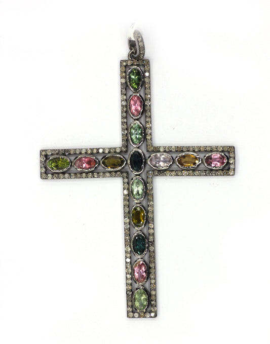 Cross Shape Silver Pave Diamond Pendant