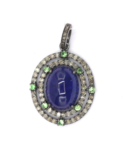 Oval Silver Pave Diamond Pendant With Tanzanite Stone