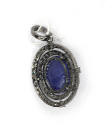 Oval Silver Pave Diamond Pendant With Tanzanite Stone
