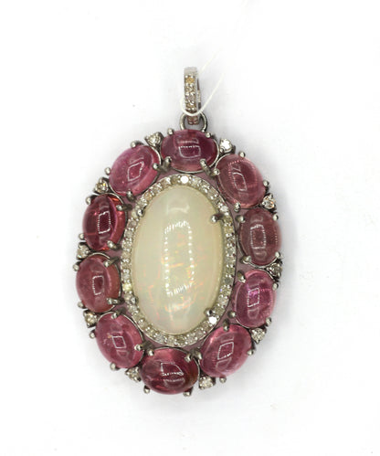 Oval Silver Pave Diamond Pendant With Opal & Tourmaline Stone