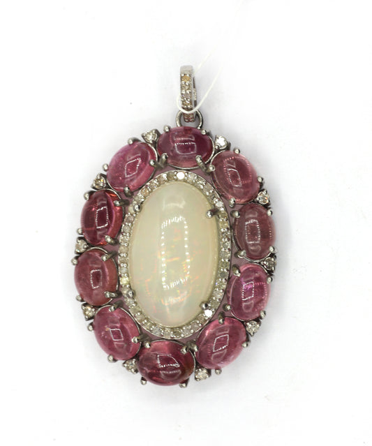 Oval Silver Pave Diamond Pendant With Opal & Tourmaline Stone