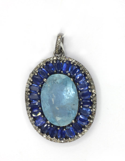 Silver Pave Diamond Pendant With Aqua Stone