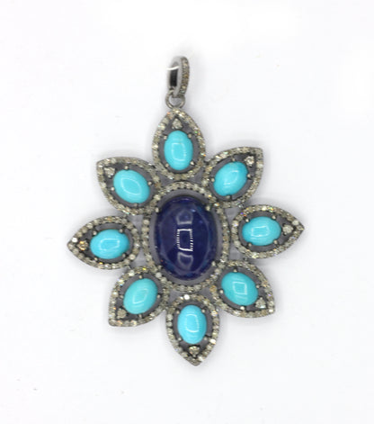 Silver Pave Diamond Pendant With Turquoise & Tanzanite Stone