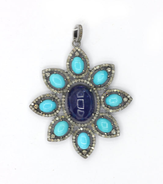 Silver Pave Diamond Pendant With Turquoise & Tanzanite Stone