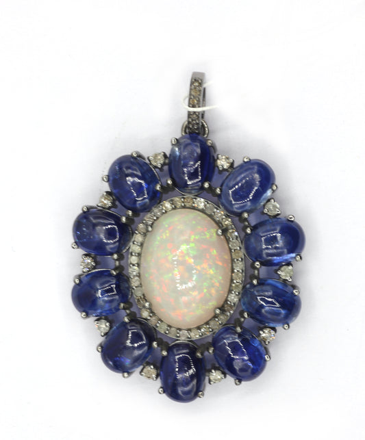 Silver Pave Diamond Pendant With Tanzanite & Opal Stone