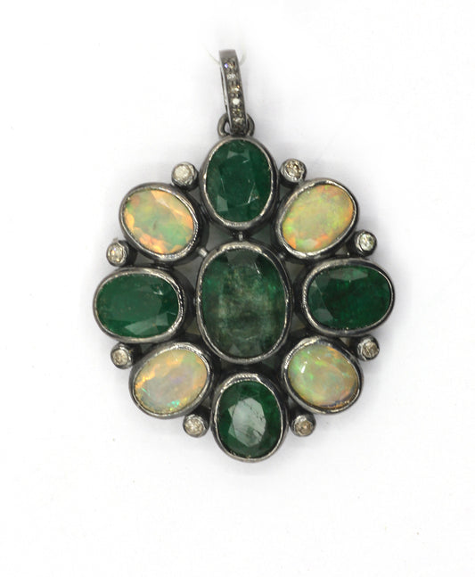 Silver Pave Diamond Pendant With Emerald & Opal Stone