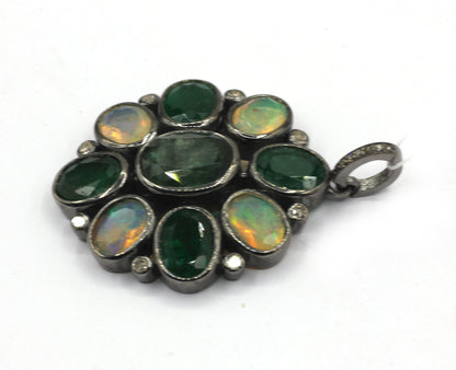 Silver Pave Diamond Pendant With Emerald & Opal Stone