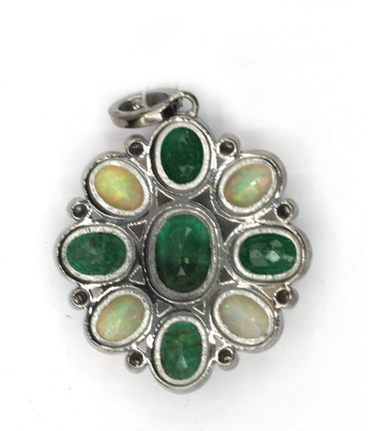 Silver Pave Diamond Pendant With Emerald & Opal Stone
