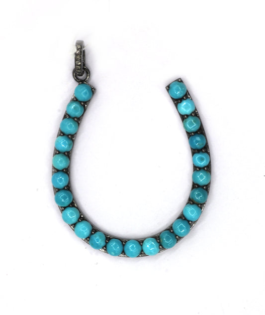 Horse shoe Silver Pave Diamond Pendant With Turquoise Stone