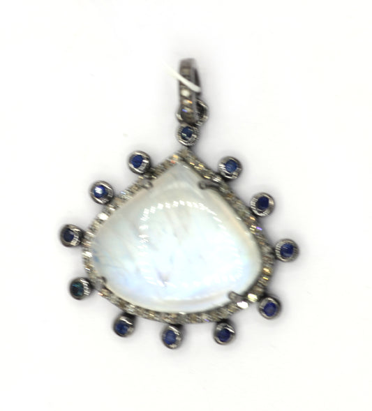 Pear Silver Pave Diamond Pendant With Moonstone