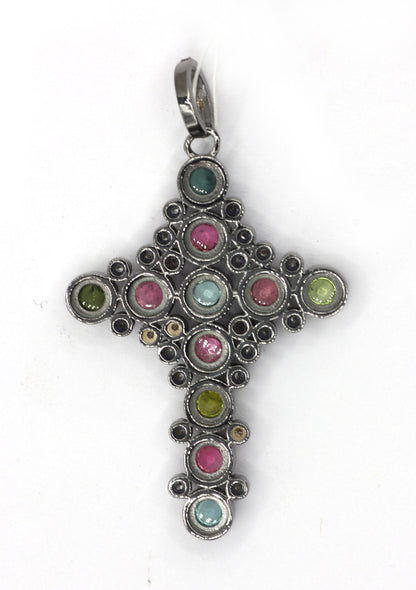 Cross Silver Pave Diamond Pendant With Tourmaline Stone