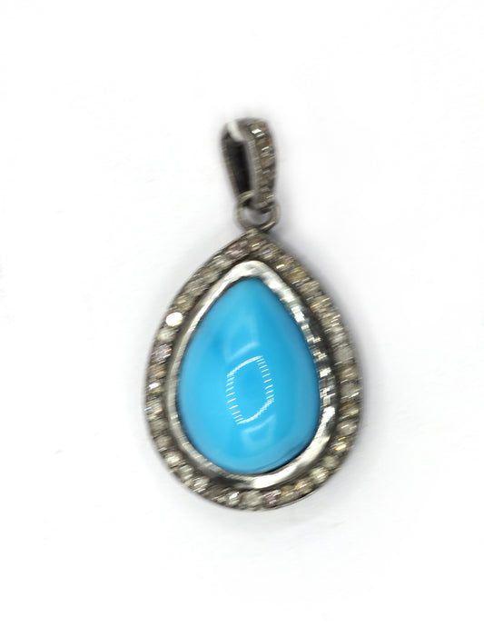 Pear Silver Pave Diamond Pendant With Turquoise Stone