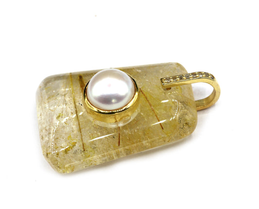 Golden Rutile Silver Pave Diamond Pendant