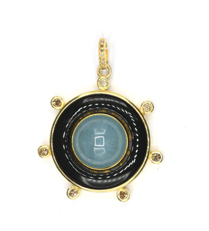 Gold-Plated Pendant with Black Onyx, Aquamarine Cabochon & Diamond Accents