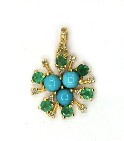 Emerald Turquoise Silver Pave Diamond Pendant