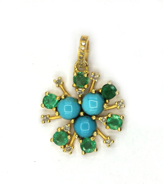 Emerald Turquoise Silver Pave Diamond Pendant