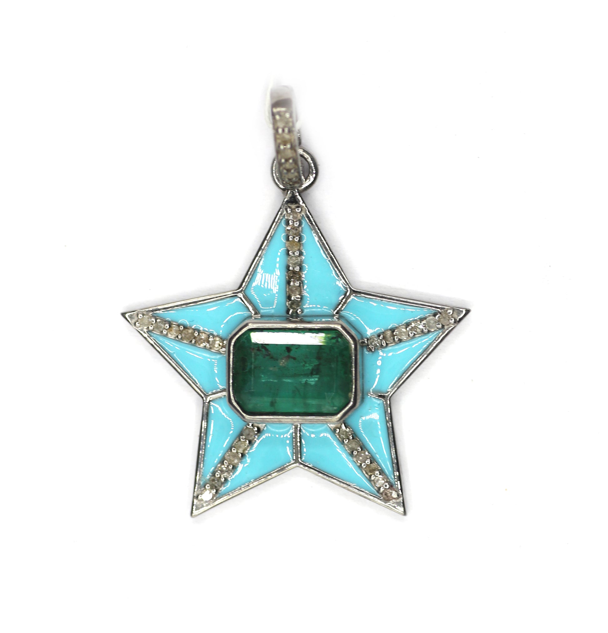 Star 925 silver pendant with emerald center, turquoise enamel arms and diamond accents, 26 mm, Made in India