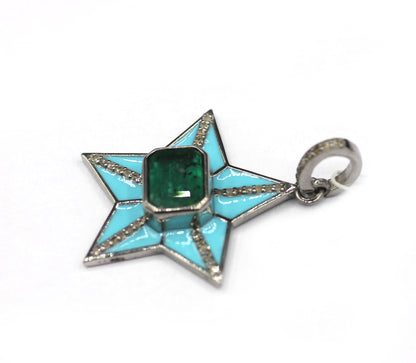 Star 925 Silver Diamond Pendant With Emerald Stone
