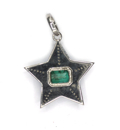 Star 925 Silver Diamond Pendant With Emerald Stone