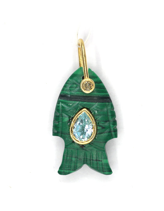 Malachite Fish Silver Pave Diamond Pendant