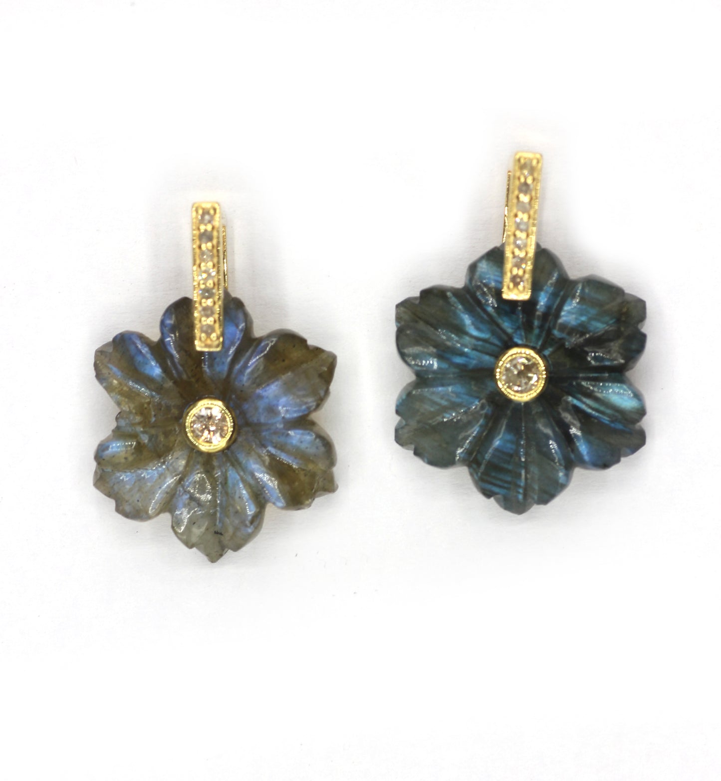 Flower Silver Pave Diamond Pendant.Available in Three Nature Stone-Labradorite,Lapis lazuli,Amethyst