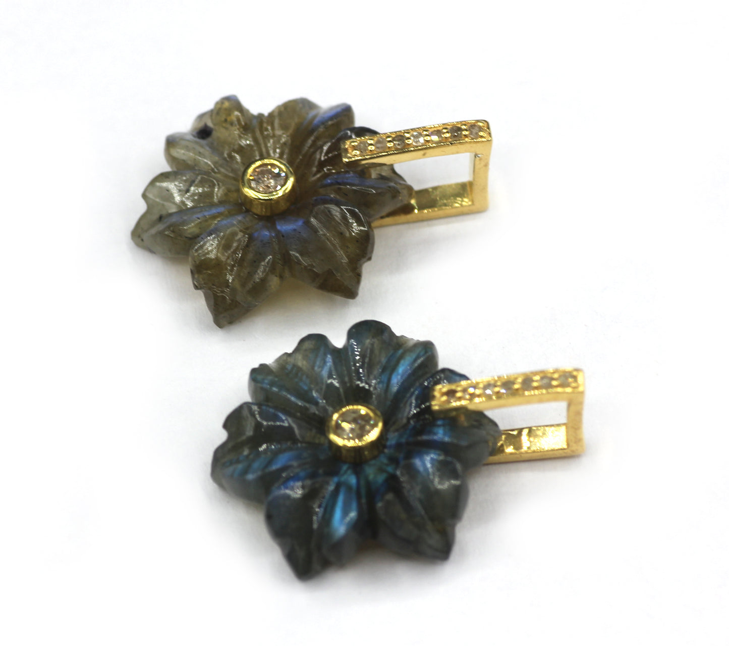 Flower Silver Pave Diamond Pendant.Available in Three Nature Stone-Labradorite,Lapis lazuli,Amethyst