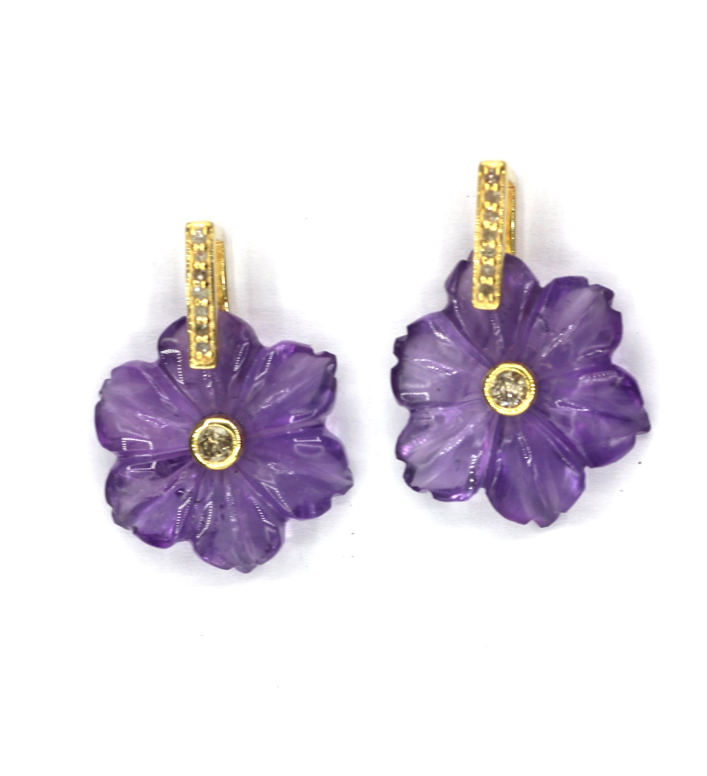 Flower Silver Pave Diamond Pendant.Available in Three Nature Stone-Labradorite,Lapis lazuli,Amethyst