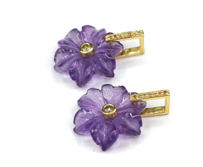 Flower Silver Pave Diamond Pendant.Available in Three Nature Stone-Labradorite,Lapis lazuli,Amethyst