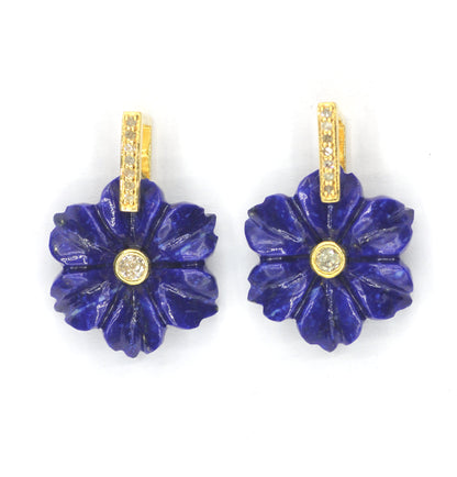 Flower Silver Pave Diamond Pendant.Available in Three Nature Stone-Labradorite,Lapis lazuli,Amethyst