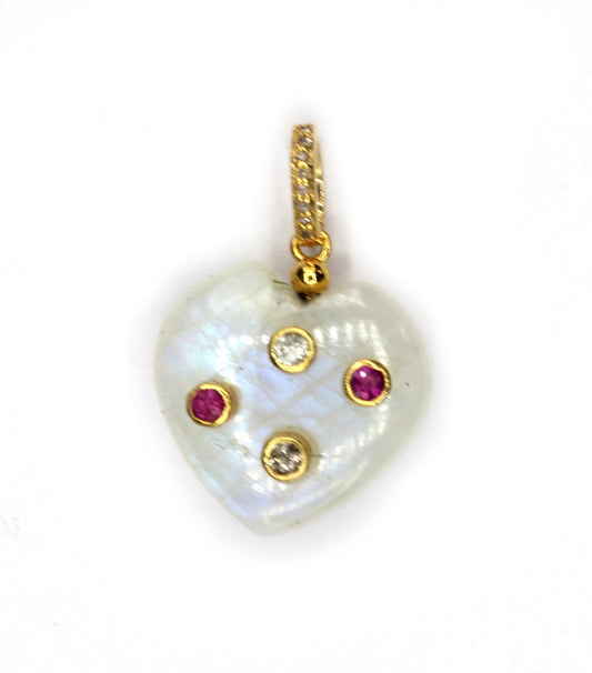 Rainbow Moonstone Heart Shape Pave Diamond Pendant